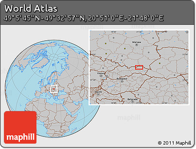 Gray Location Map of the Area around 49° 19' 21" N, 21° 19' 30" E