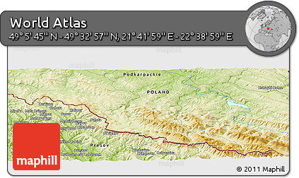 Physical Panoramic Map of the Area around 49° 19' 21" N, 22° 10' 29" E
