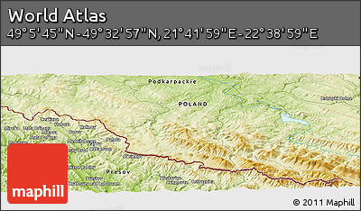 Physical Panoramic Map of the Area around 49° 19' 21" N, 22° 10' 29" E