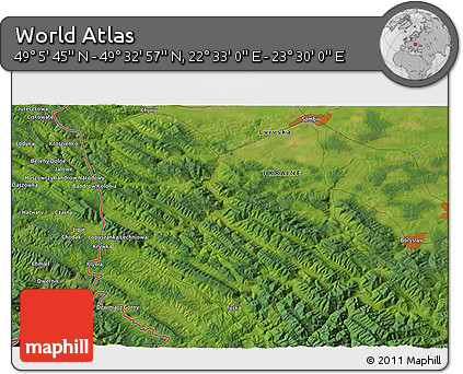 Satellite 3D Map of the Area around 49° 19' 21" N, 23° 1' 29" E