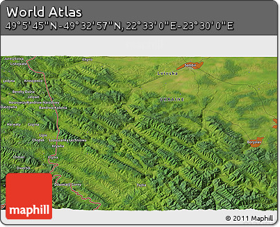 Satellite 3D Map of the Area around 49° 19' 21" N, 23° 1' 29" E