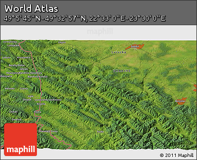 Satellite 3D Map of the Area around 49° 19' 21" N, 23° 1' 29" E