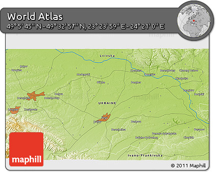 Physical 3D Map of the Area around 49° 19' 21" N, 23° 52' 30" E