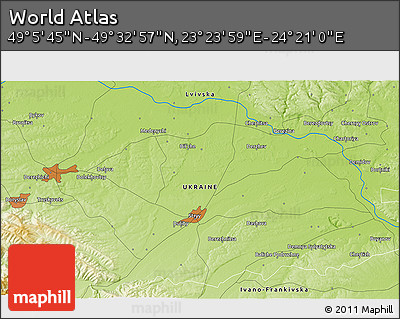 Physical 3D Map of the Area around 49° 19' 21" N, 23° 52' 30" E