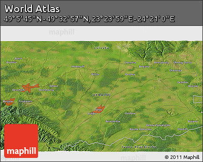 Satellite 3D Map of the Area around 49° 19' 21" N, 23° 52' 30" E