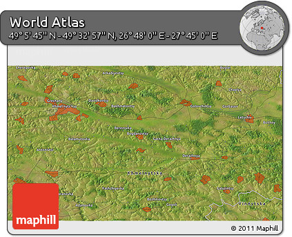 Satellite 3D Map of the Area around 49° 19' 21" N, 27° 16' 29" E