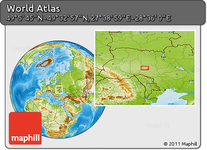 Physical Location Map of the Area around 49° 19' 21" N, 28° 7' 30" E
