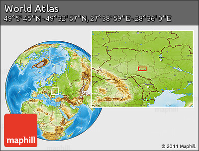 Physical Location Map of the Area around 49° 19' 21" N, 28° 7' 30" E