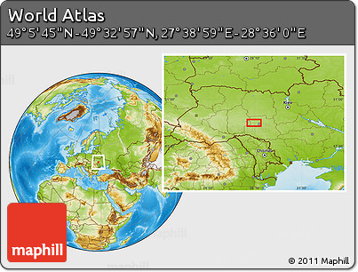 Physical Location Map of the Area around 49° 19' 21" N, 28° 7' 30" E