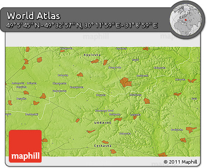 Physical 3D Map of the Area around 49° 19' 21" N, 30° 40' 29" E