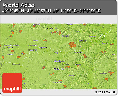 Physical 3D Map of the Area around 49° 19' 21" N, 30° 40' 29" E