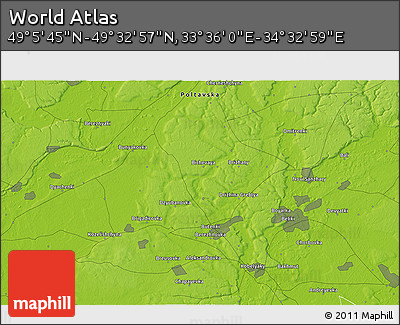 Physical 3D Map of the Area around 49° 19' 21" N, 34° 4' 30" E