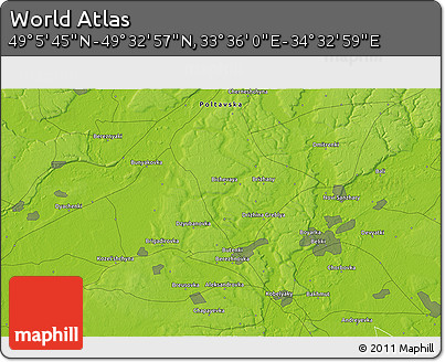 Physical 3D Map of the Area around 49° 19' 21" N, 34° 4' 30" E