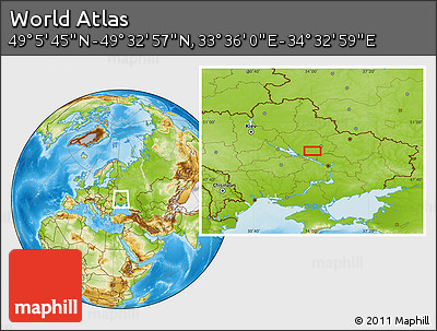 Physical Location Map of the Area around 49° 19' 21" N, 34° 4' 30" E