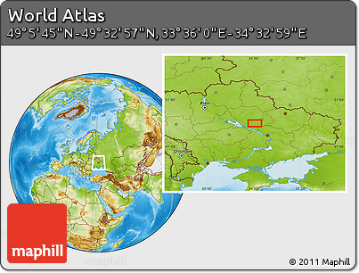 Physical Location Map of the Area around 49° 19' 21" N, 34° 4' 30" E