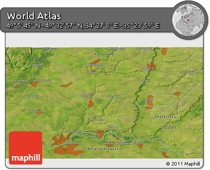 Satellite 3D Map of the Area around 49° 19' 21" N, 34° 55' 29" E