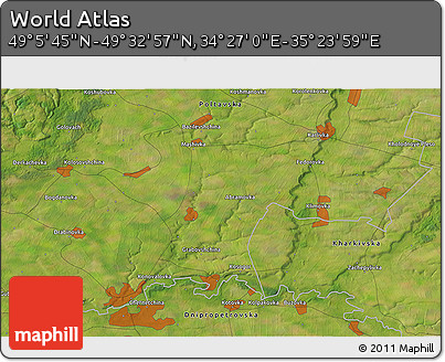 Satellite 3D Map of the Area around 49° 19' 21" N, 34° 55' 29" E