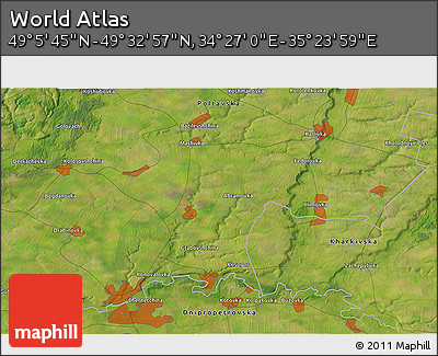 Satellite 3D Map of the Area around 49° 19' 21" N, 34° 55' 29" E