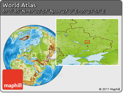 Physical Location Map of the Area around 49° 19' 21" N, 34° 55' 29" E