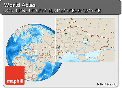Shaded Relief Location Map of the Area around 49° 19' 21" N, 34° 55' 29" E