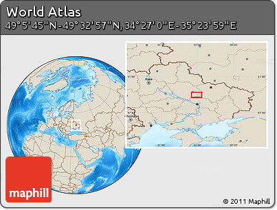 Shaded Relief Location Map of the Area around 49° 19' 21" N, 34° 55' 29" E