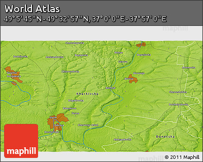 Physical 3D Map of the Area around 49° 19' 21" N, 37° 28' 30" E