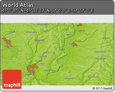 Physical 3D Map of the Area around 49° 19' 21" N, 37° 28' 30" E