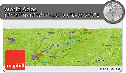 Physical Panoramic Map of the Area around 49° 19' 21" N, 37° 28' 30" E
