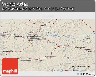 Shaded Relief 3D Map of the Area around 49° 19' 21" N, 3° 28' 30" E