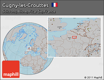 Gray Location Map of Cugny-lès-Crouttes, hill shading