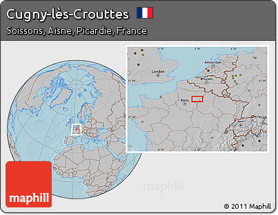 Gray Location Map of Cugny-lès-Crouttes, hill shading