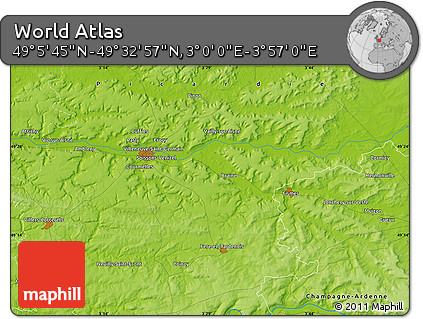 Physical Map of the Area around 49° 19' 21" N, 3° 28' 30" E