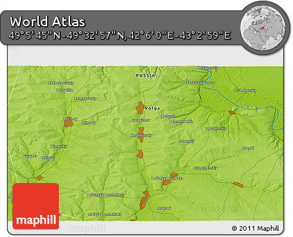 Physical 3D Map of the Area around 49° 19' 21" N, 42° 34' 30" E