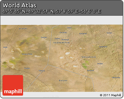 Satellite 3D Map of the Area around 49° 19' 21" N, 53° 37' 30" E