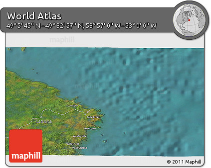 Satellite 3D Map of the Area around 49° 19' 21" N, 53° 28' 30" W
