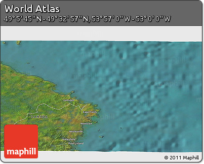 Satellite 3D Map of the Area around 49° 19' 21" N, 53° 28' 30" W