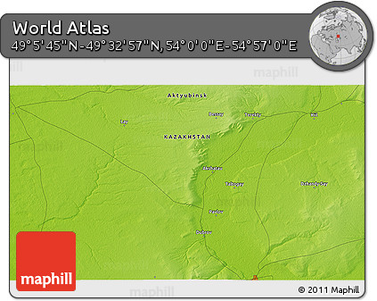 Physical 3D Map of the Area around 49° 19' 21" N, 54° 28' 30" E
