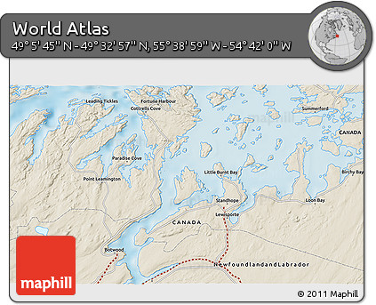 Shaded Relief 3D Map of the Area around 49° 19' 21" N, 55° 10' 29" W
