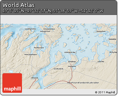 Shaded Relief 3D Map of the Area around 49° 19' 21" N, 55° 10' 29" W