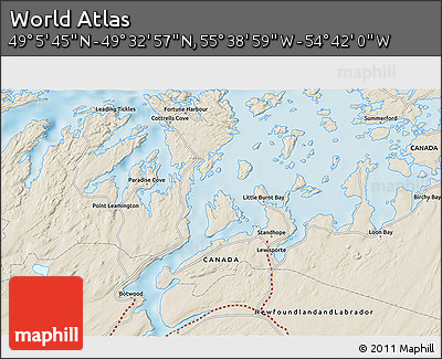 Shaded Relief 3D Map of the Area around 49° 19' 21" N, 55° 10' 29" W