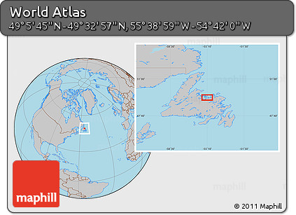 Gray Location Map of the Area around 49° 19' 21" N, 55° 10' 29" W