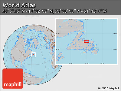 Gray Location Map of the Area around 49° 19' 21" N, 55° 10' 29" W