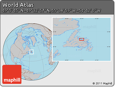 Gray Location Map of the Area around 49° 19' 21" N, 55° 10' 29" W