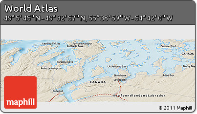 Shaded Relief Panoramic Map of the Area around 49° 19' 21" N, 55° 10' 29" W
