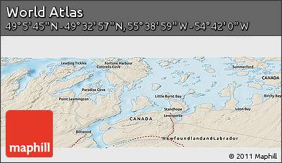 Shaded Relief Panoramic Map of the Area around 49° 19' 21" N, 55° 10' 29" W