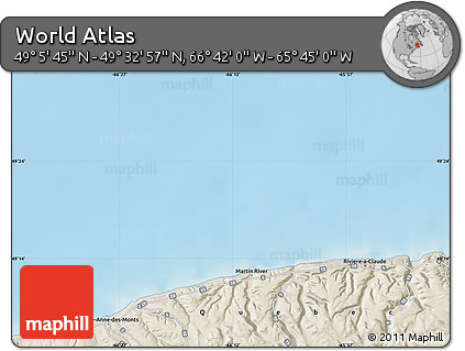 Shaded Relief Map of the Area around 49° 19' 21" N, 66° 13' 29" W