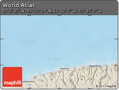 Shaded Relief Map of the Area around 49° 19' 21" N, 66° 13' 29" W