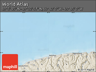 Shaded Relief Map of the Area around 49° 19' 21" N, 66° 13' 29" W