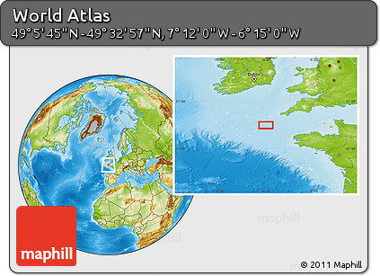 Physical Location Map of the Area around 49° 19' 21" N, 6° 43' 29" W