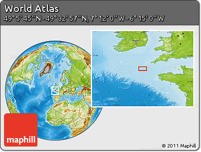 Physical Location Map of the Area around 49° 19' 21" N, 6° 43' 29" W